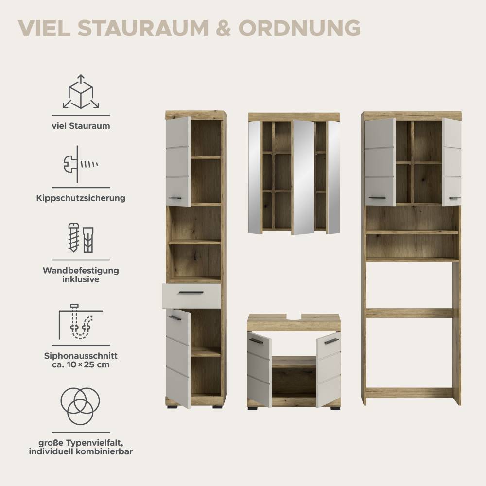 Badezimmerschränke mit viel Stauraum, Kippschutzsicherung und Siphonausschnitt für flexible Badgestaltung – Casserra