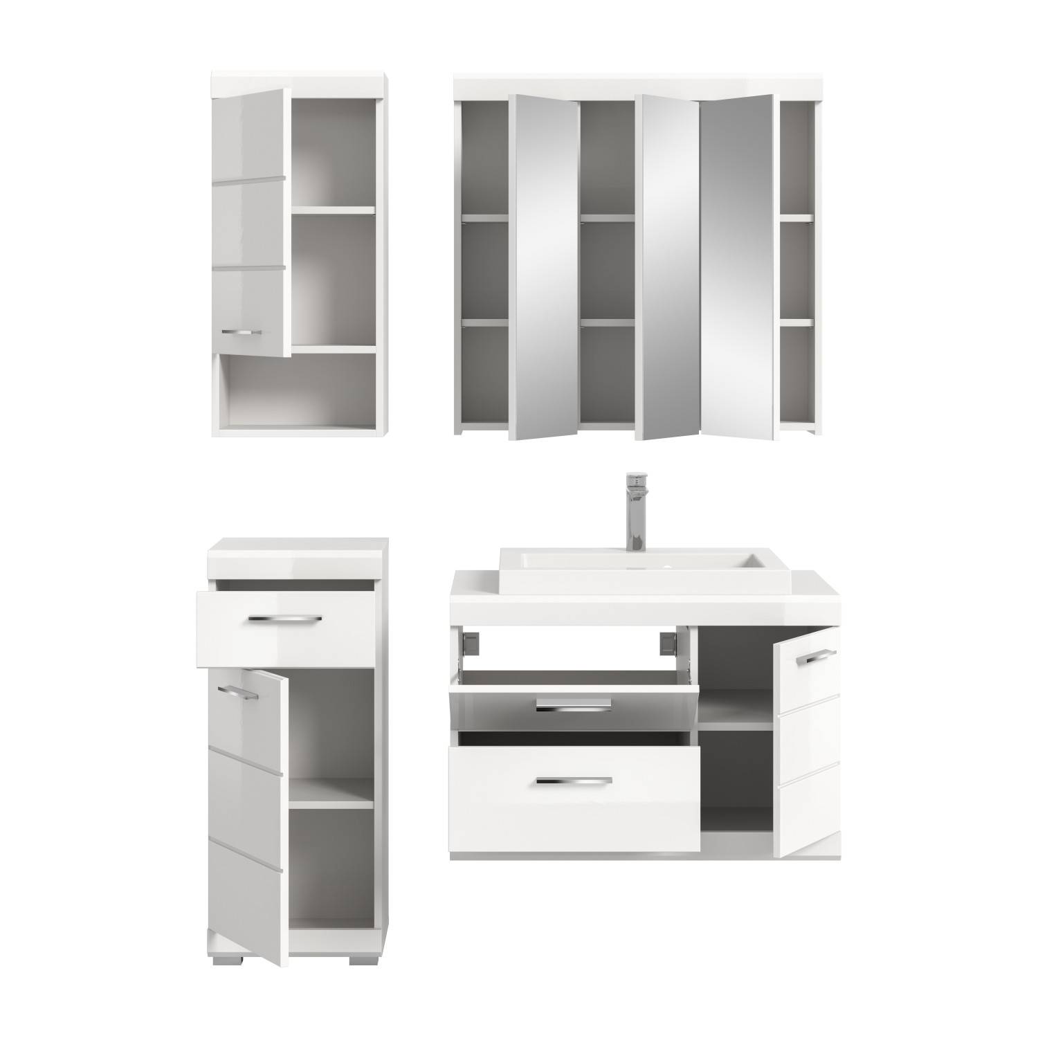 Weißes vierteiliges Badmöbel-Set mit Waschtischunterschrank, Spiegelschrank und zwei Hochschränken – Nanila