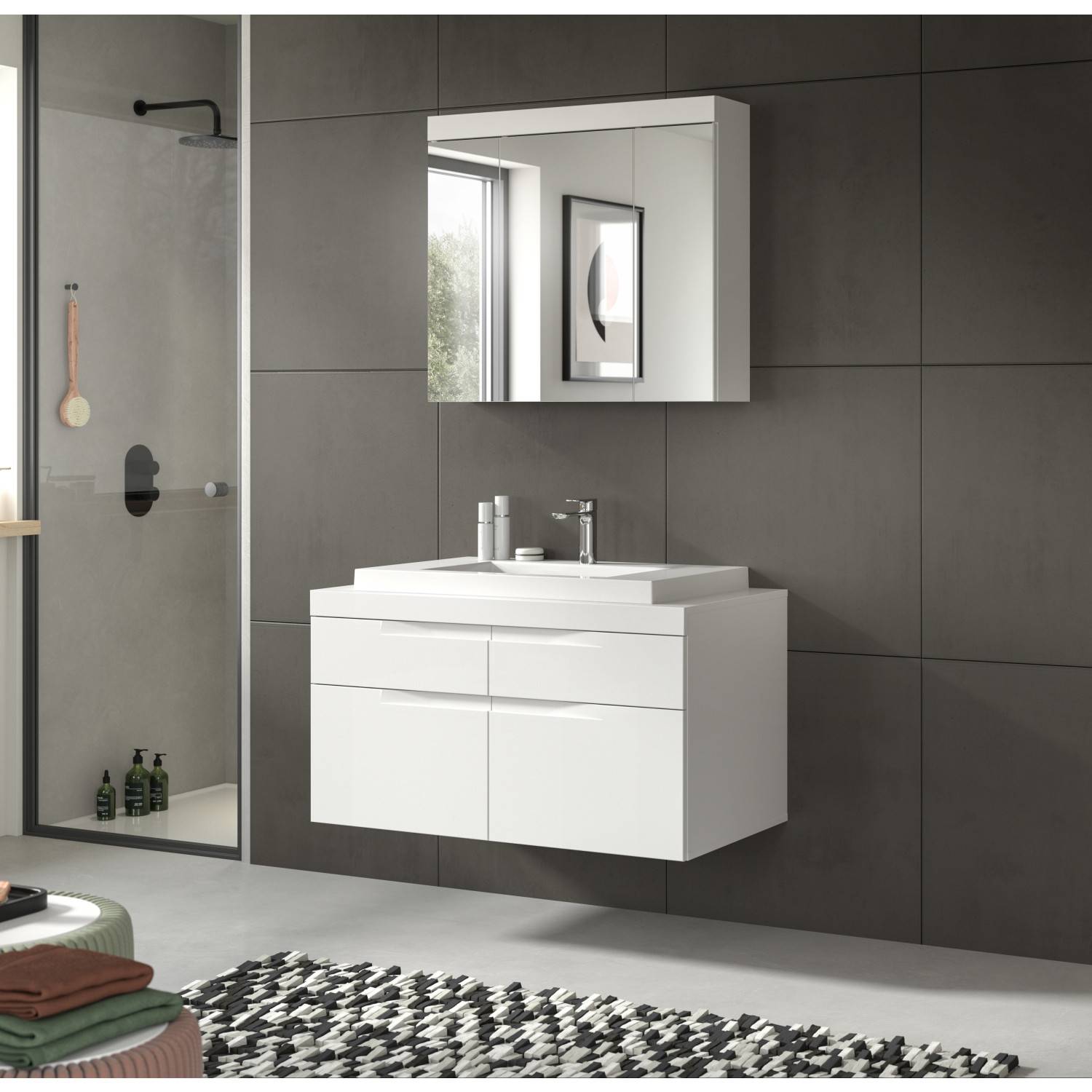 Weißes Badmöbel Set mit hängendem Waschtischunterschrank und Spiegelschrank für Badezimmer – Bruna
