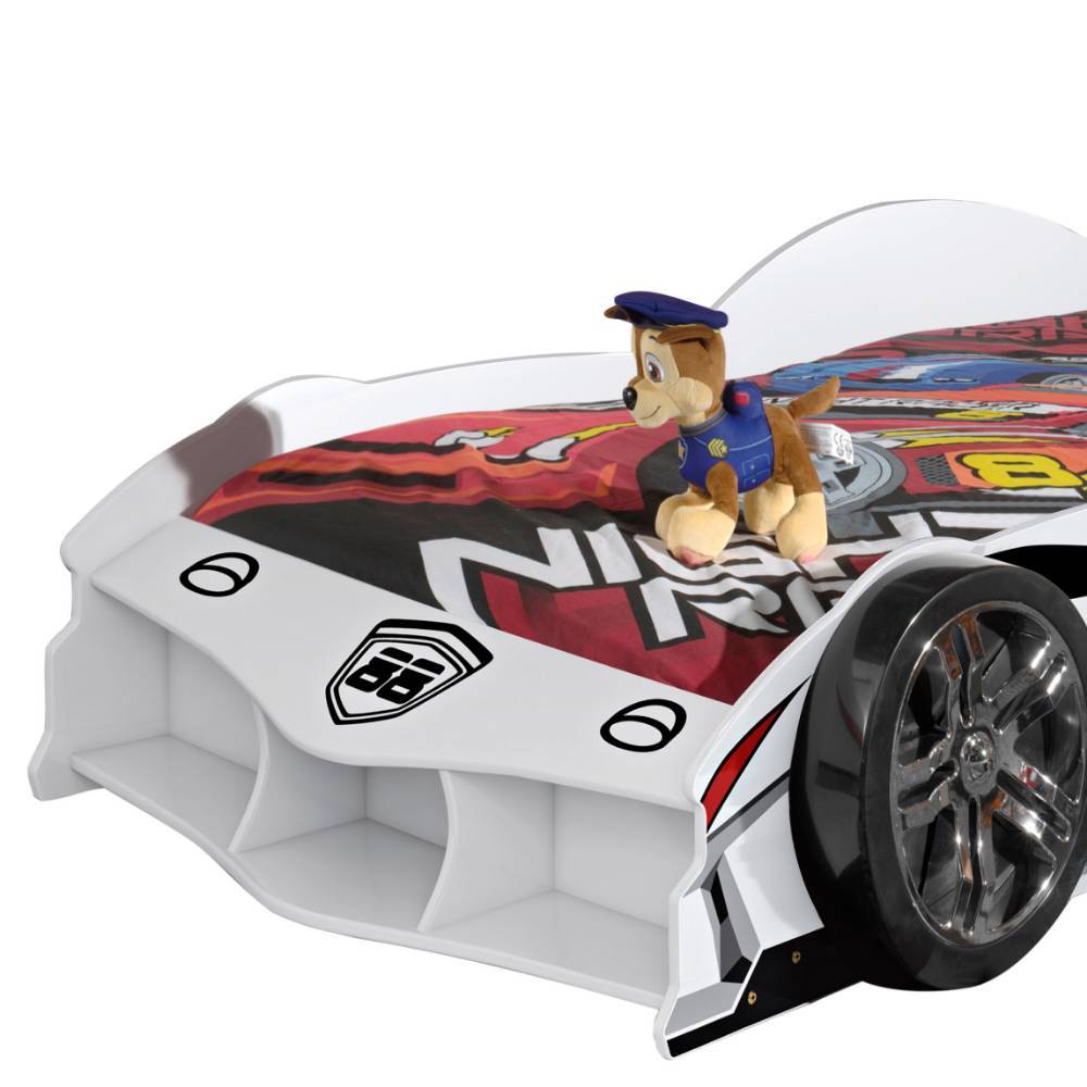 Sportliches weißes Kinder Autobett in moderner Rennwagen-Form mit auffälliger Frontpartie – Vicina