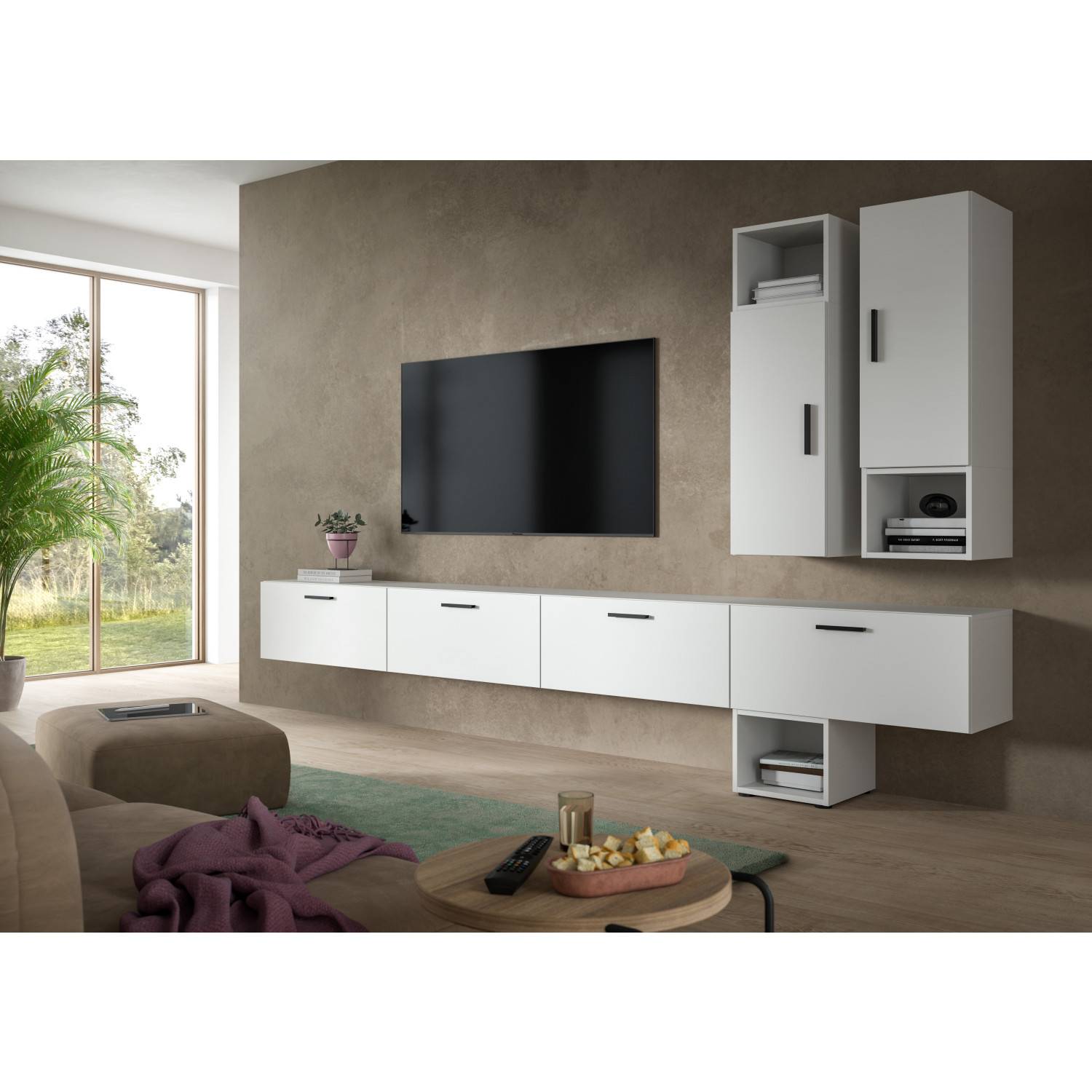 Weiße moderne Medienwand mit Stangengriffen und Hängeschränken im Wohnzimmer – Actionsa