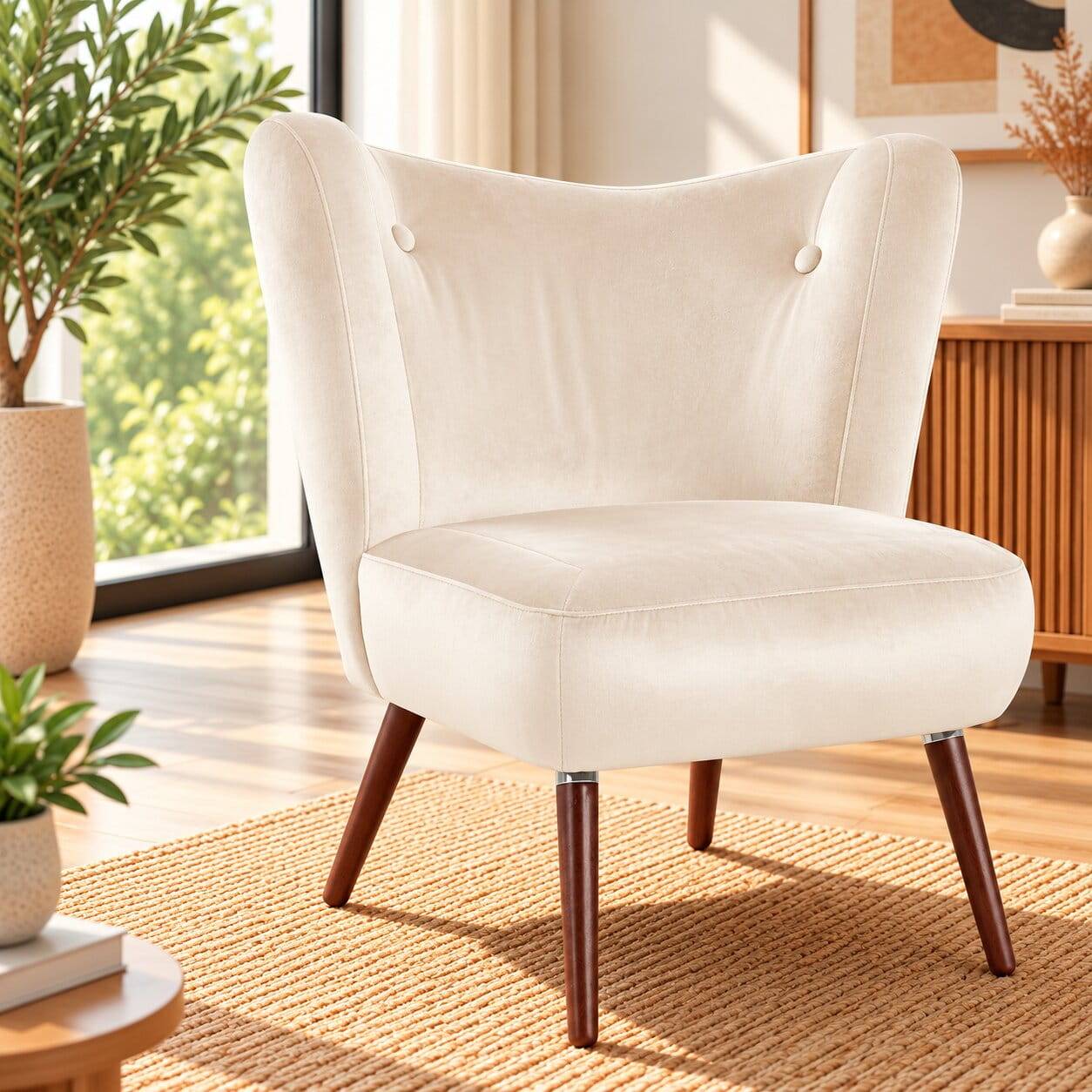 Heller Retrosessel in Creme Samtvelours - Catjana