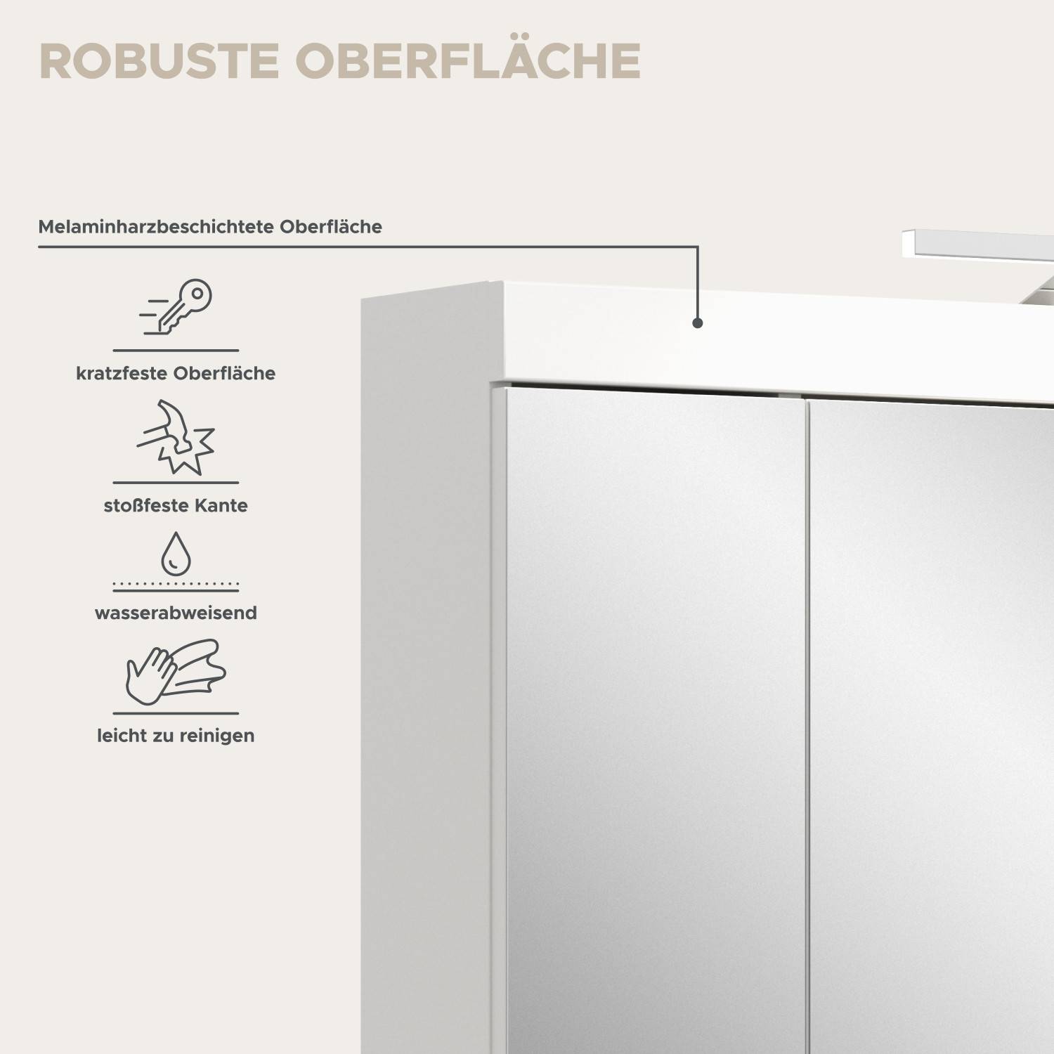 Badspiegelschrank Bruna II mit robuster, kratzfester und pflegeleichter Melaminharz-Oberfläche – Bruna