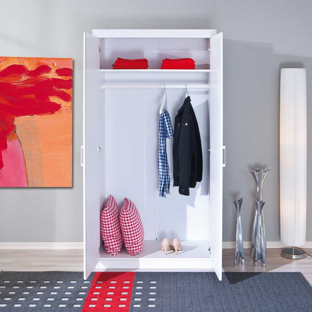 Weißer Dielenschrank offen mit Kleiderstange, Ablage und Stauraum für Schuhe und Kissen – Nabrosia