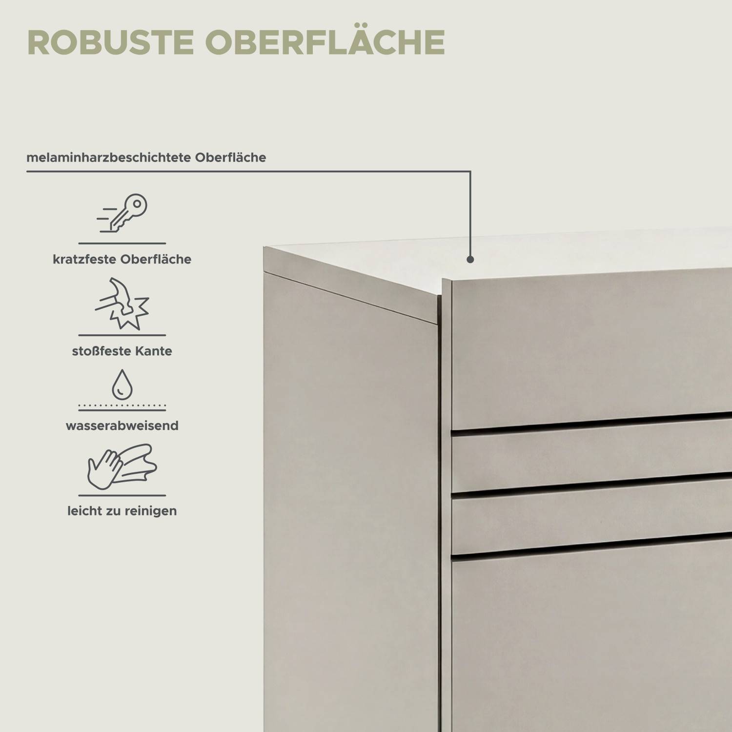 Robuste Oberfläche des hellen TV Sideboards kratzfest, wasserabweisend und leicht zu reinigen – Draguno