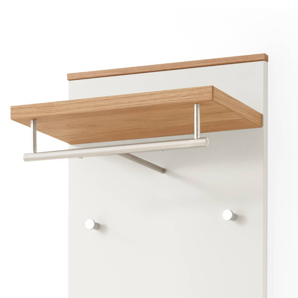 Weiße Wandgarderobe mit Eichenholzablage, silberner Kleiderstange und Haken für den Flur – Didesco