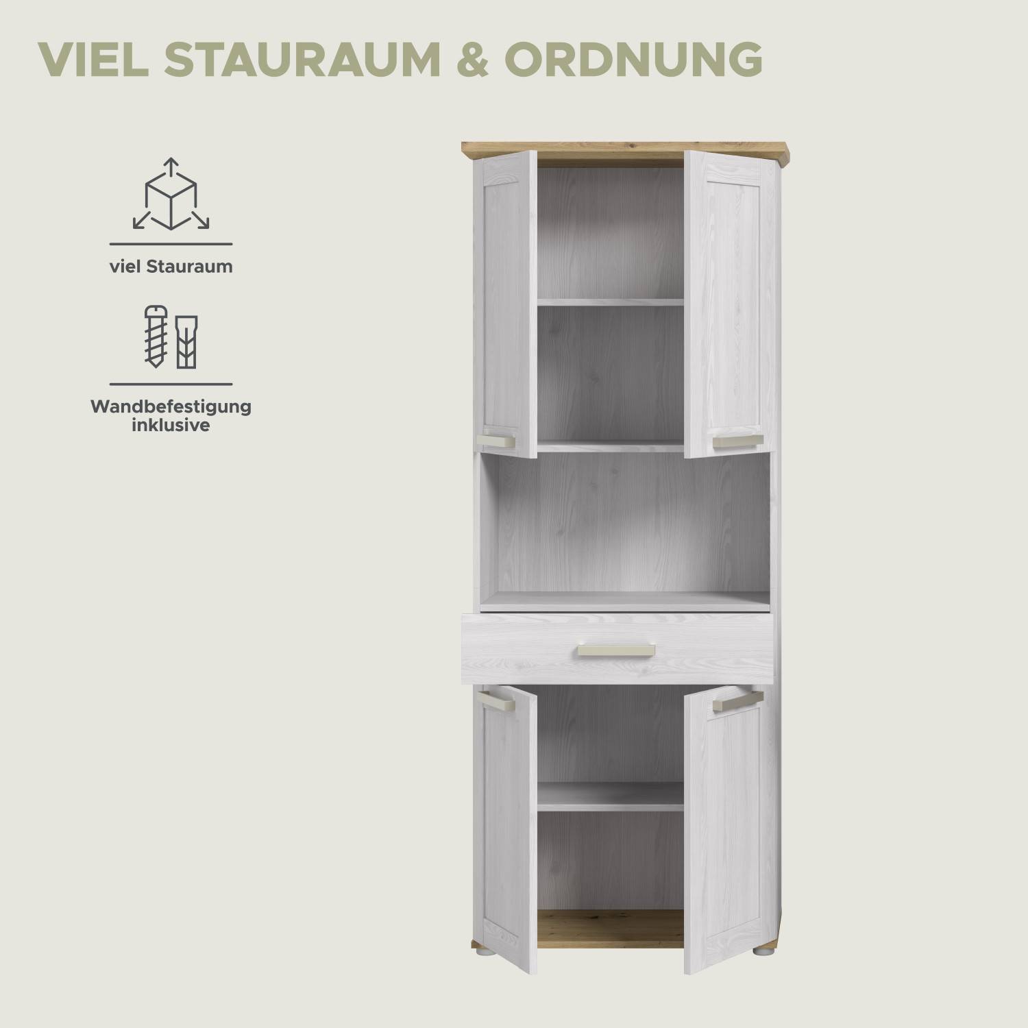 Weißer Badseitenschrank mit offenen Schrankfächern, viel Stauraum und inklusive Wandbefestigung – Tocella
