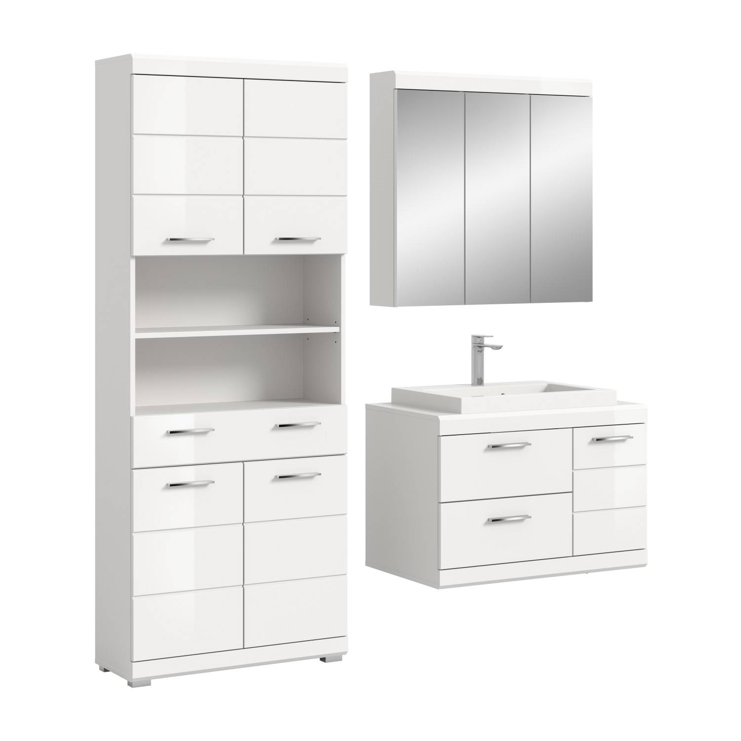 Dreiteiliges weißes Hochglanz Badmöbel Set mit Waschbecken, Spiegelschrank und Hochschrank – Nanila