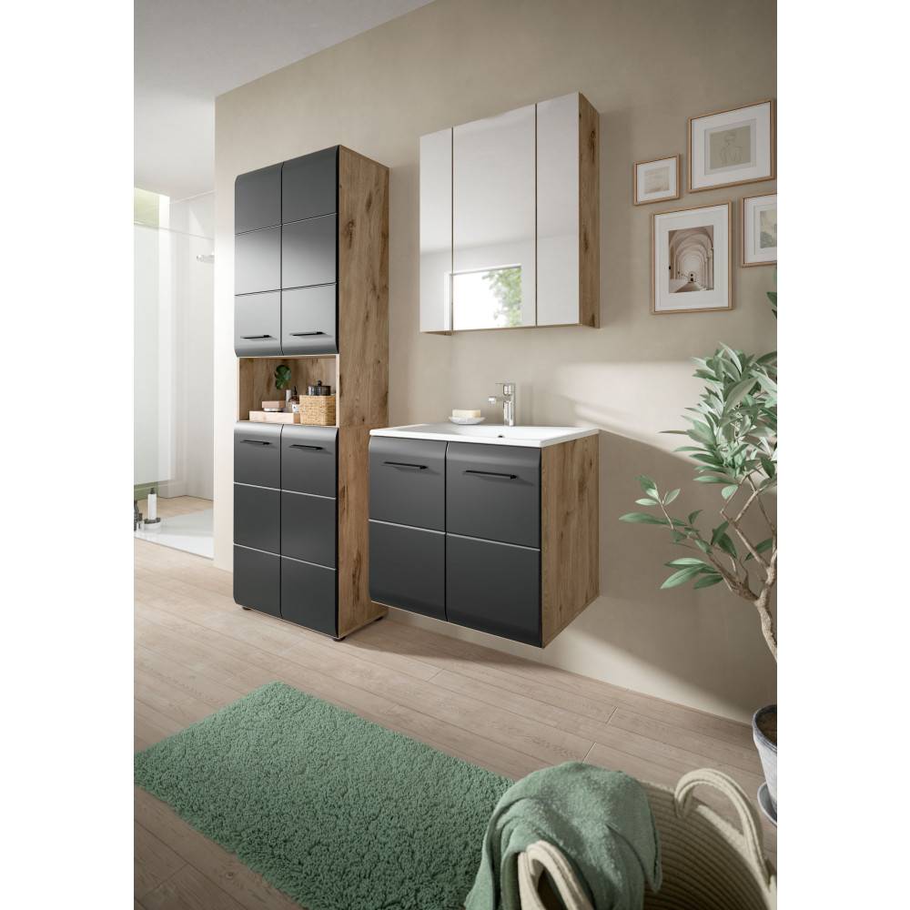 Modernes dreiteiliges Badezimmerset in Anthrazit und Nox Oak mit Waschtisch, Hochschrank und Spiegelschrank – Karina