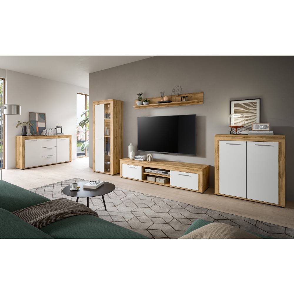 Moderne Wohnwand in Eichendekor und Weiß mit TV-Board, Vitrine und Sideboard – Jatiga