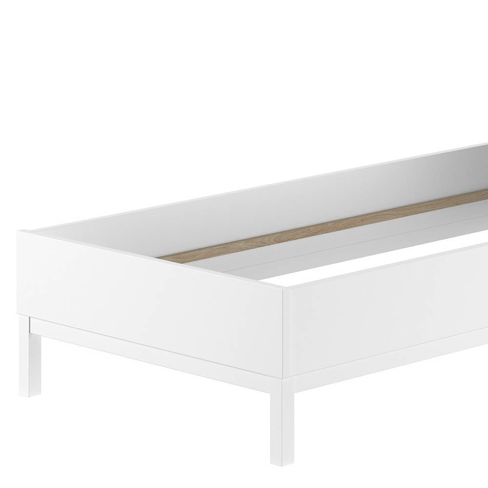 Weißes Bettgestell 90x200cm mit seitlicher Ansicht und sichtbarem Lattenrostrahmen – Crocinol