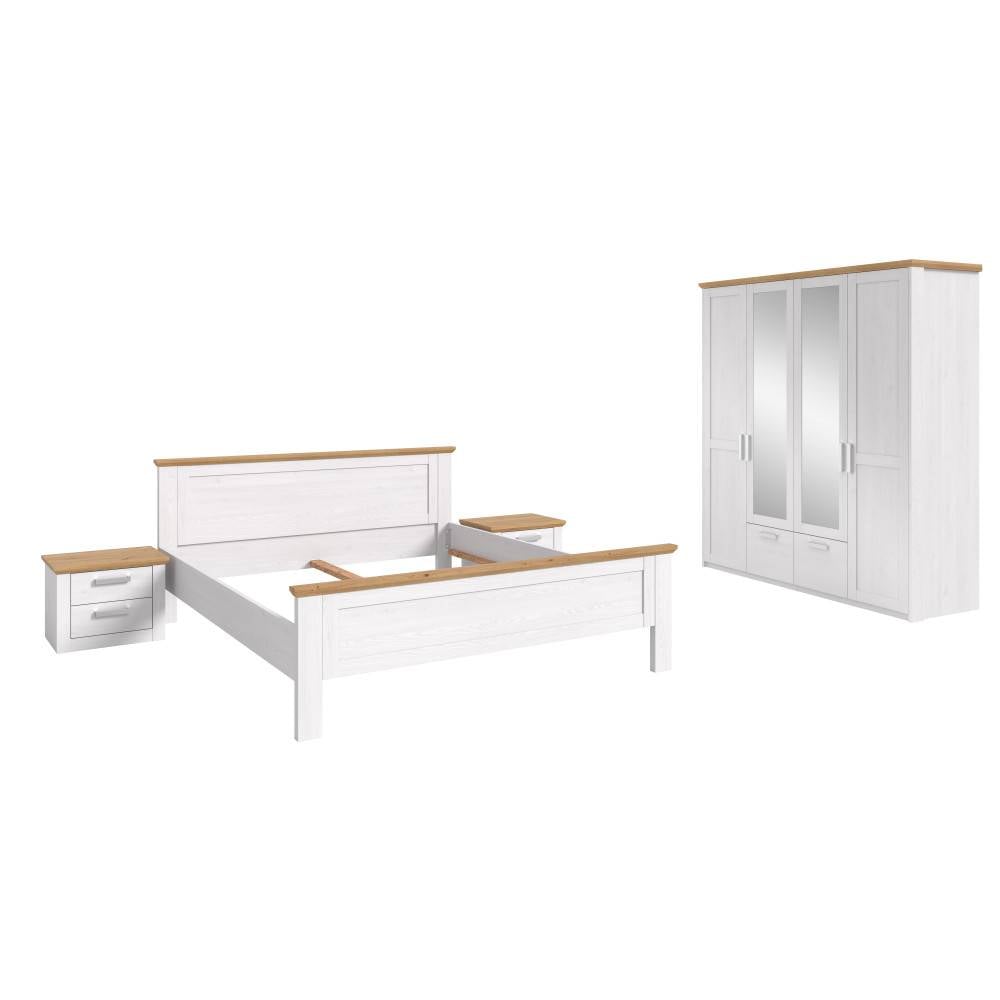 Komplettes Schlafzimmer mit weißem Doppelbett, zwei Nachtschränken und viertürigem Kleiderschrank mit Spiegeln – Fusaro
