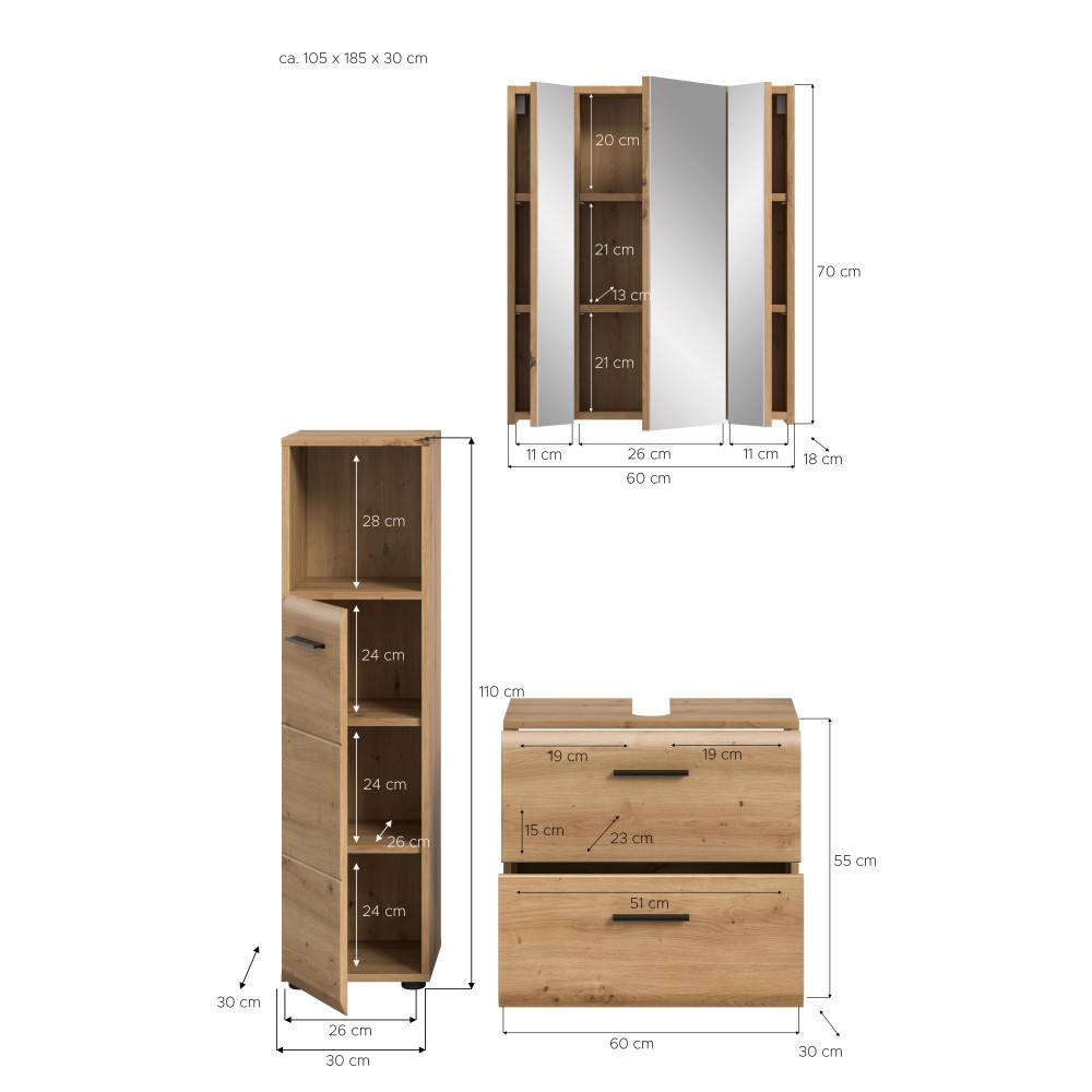 Waschplatz Set Canopus Maße und Abmessungen von Spiegelschrank, Hochschrank und Unterschrank – Canopus