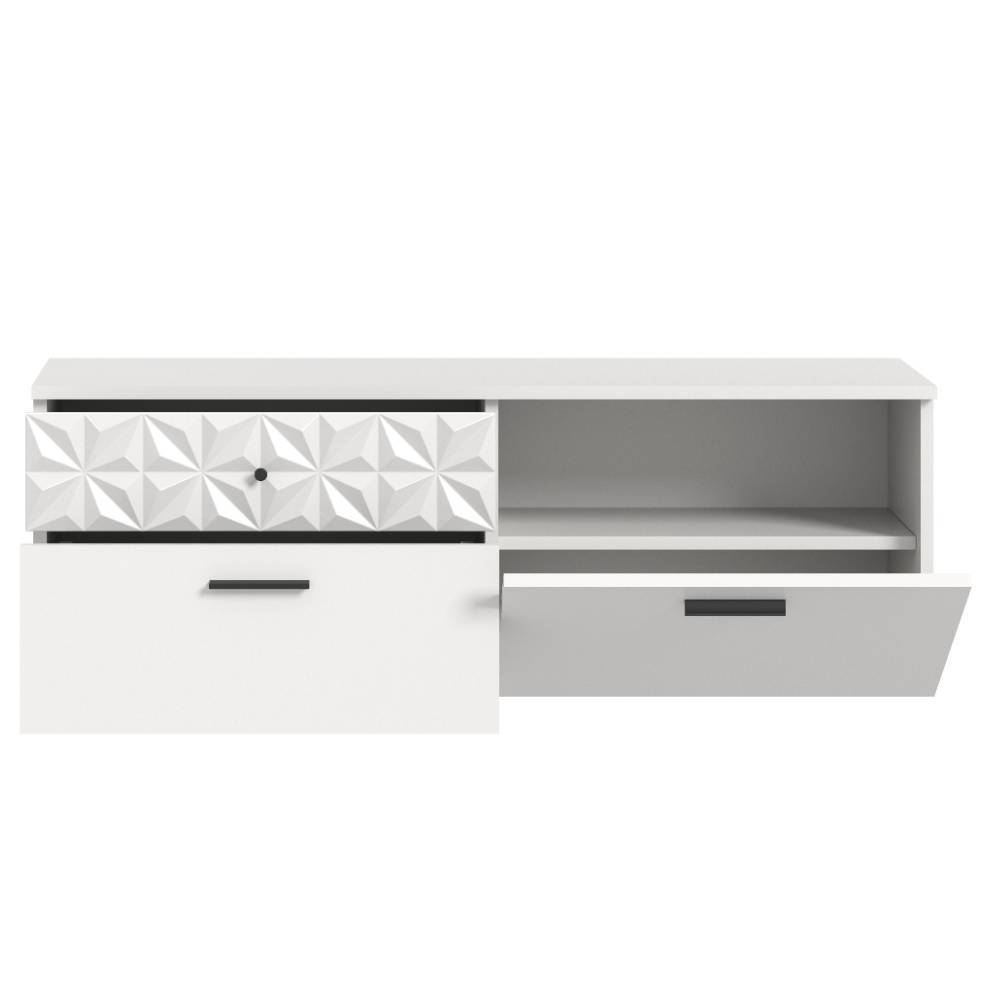 Offener weißer Hänge-Flurschrank mit geometrischer Schubladenfront und Innenregal – Ustabo