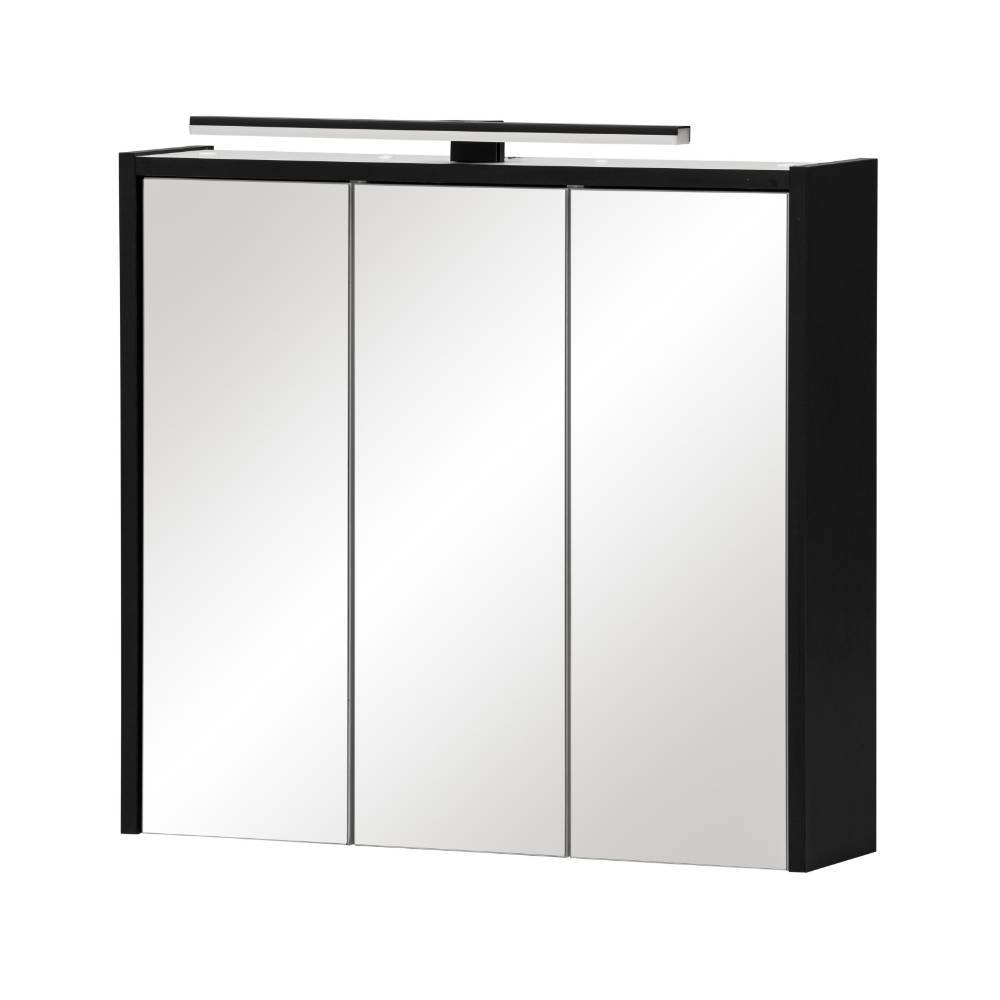 Spiegelschrank für das Bad in Mattschwarz mit drei Spiegeltüren und LED Lampe – Savane