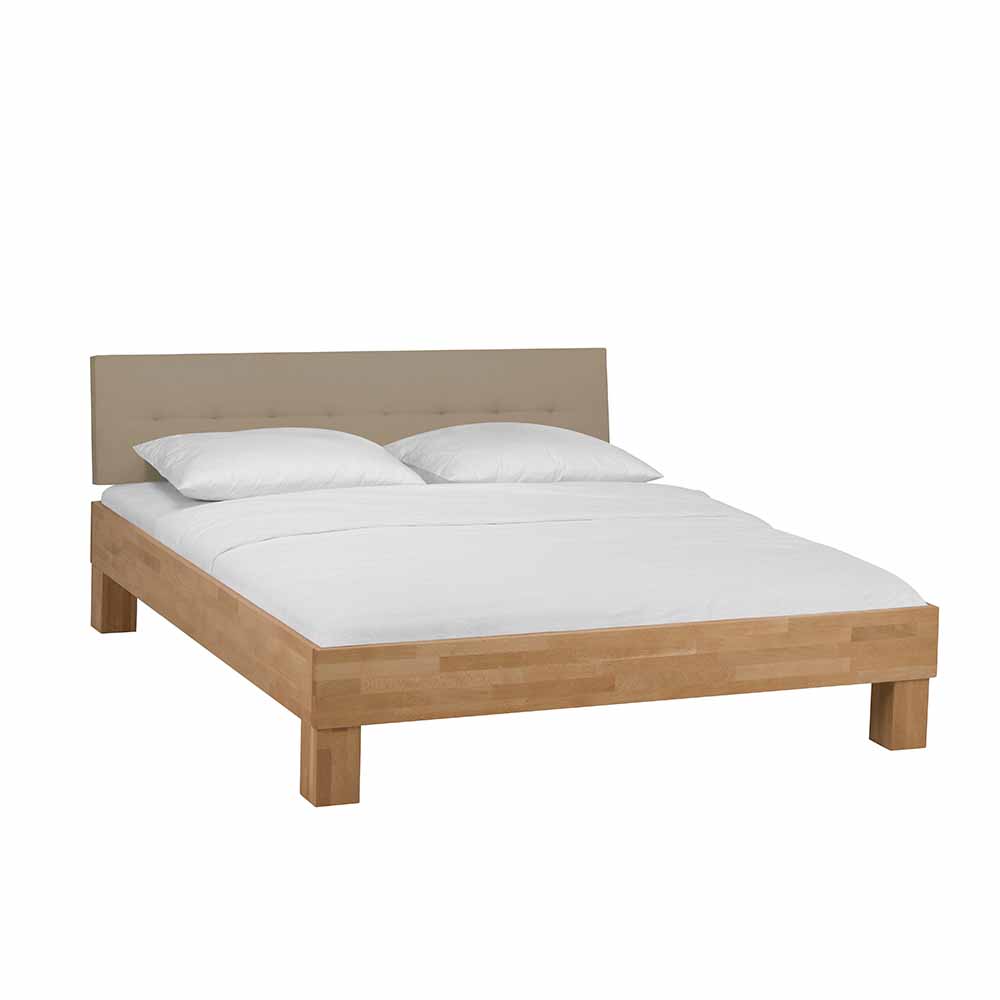 Holz Bett mit Polsterkopfteil Zalto in Buche natur und Beige