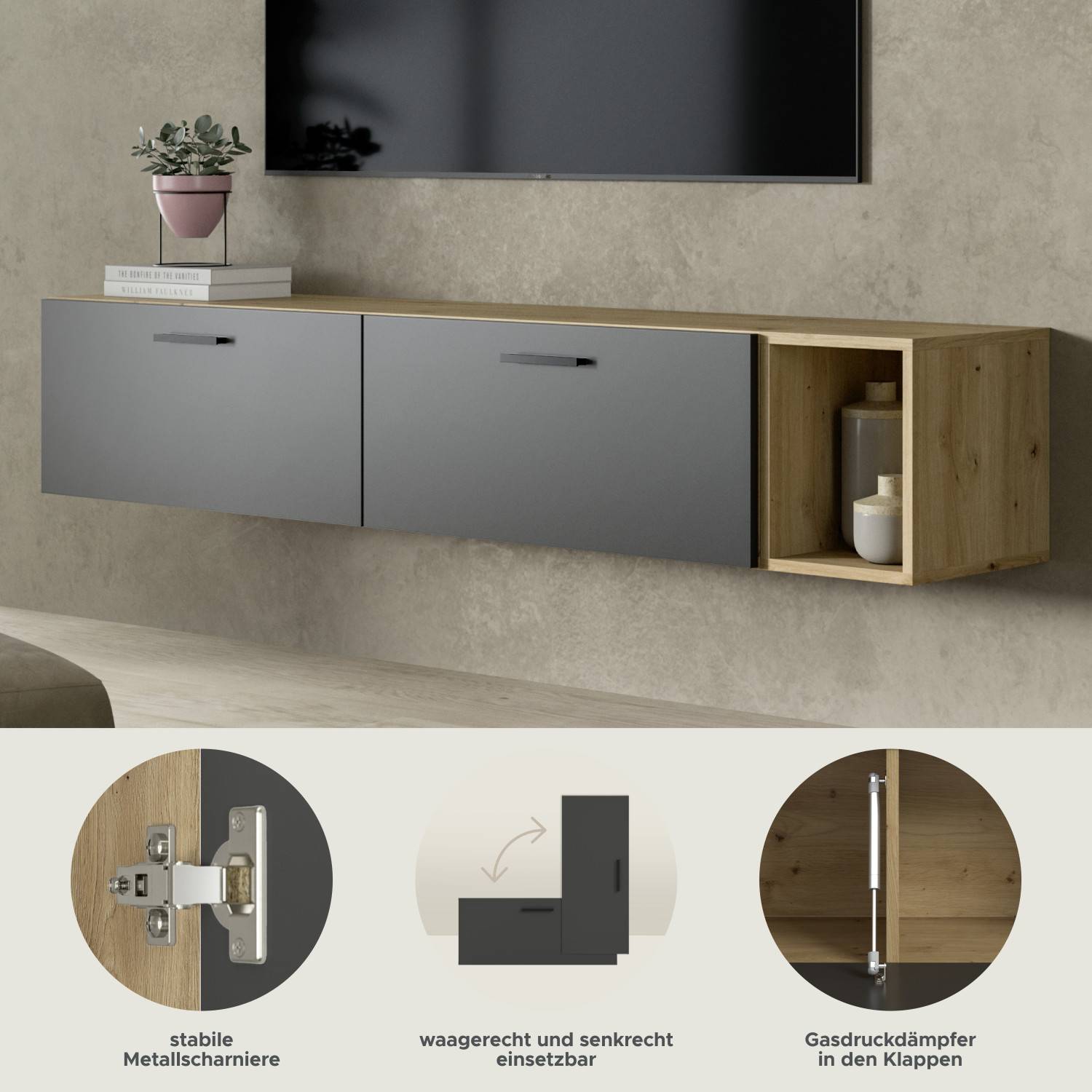 Hochwertige Metallscharniere und Gasdruckdämpfer der wandhängenden Anbauwand – Estoron