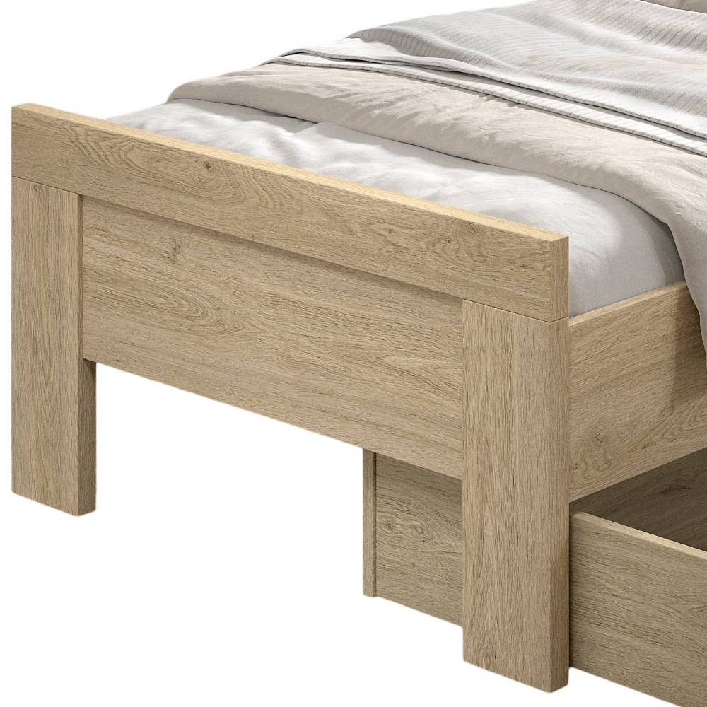 Bettende in heller Holzoptik mit herausziehbarem Bettkasten für zusätzlichen Stauraum im Kinderzimmer – Choice