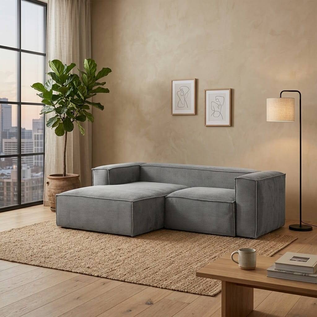 Modernes Breitcord Ecksofa in Grau - Hanyas
