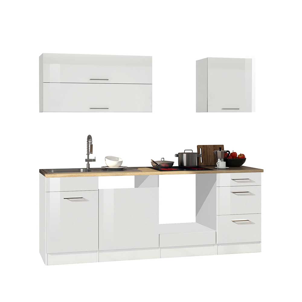220 cm Block-Küche in Weiß Glanz - Cuneo (sechsteilig)