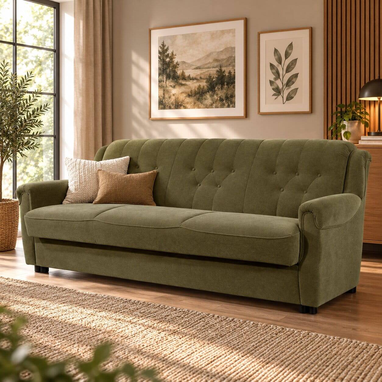 Dreisitzer Couch in Dunkelgrün mit Bettfunktion - Ramira