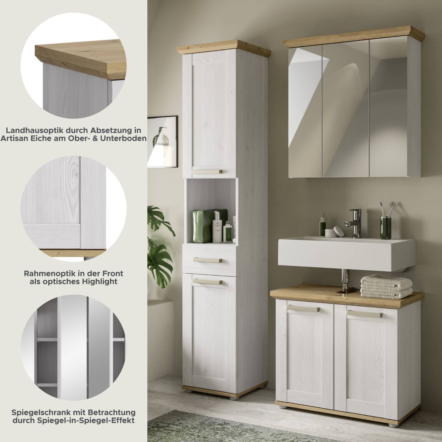 Badmöbel Set Tocella in Landhausoptik Artisan Eiche, Rahmenoptik Front und Spiegelschrank mit Effekt – Tocella