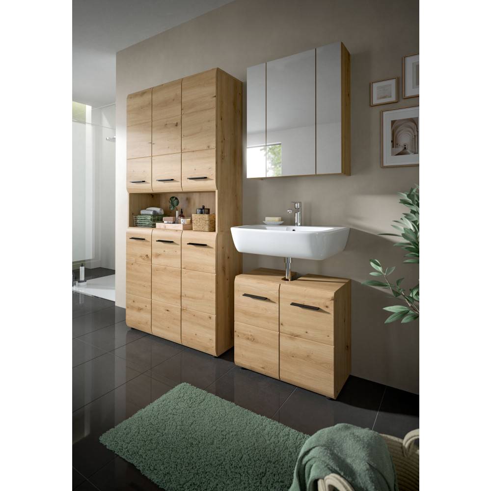 Dreiteiliges Badmöbel Set aus hellem Holz in einem modernen Badezimmer mit Waschbecken – Canopus