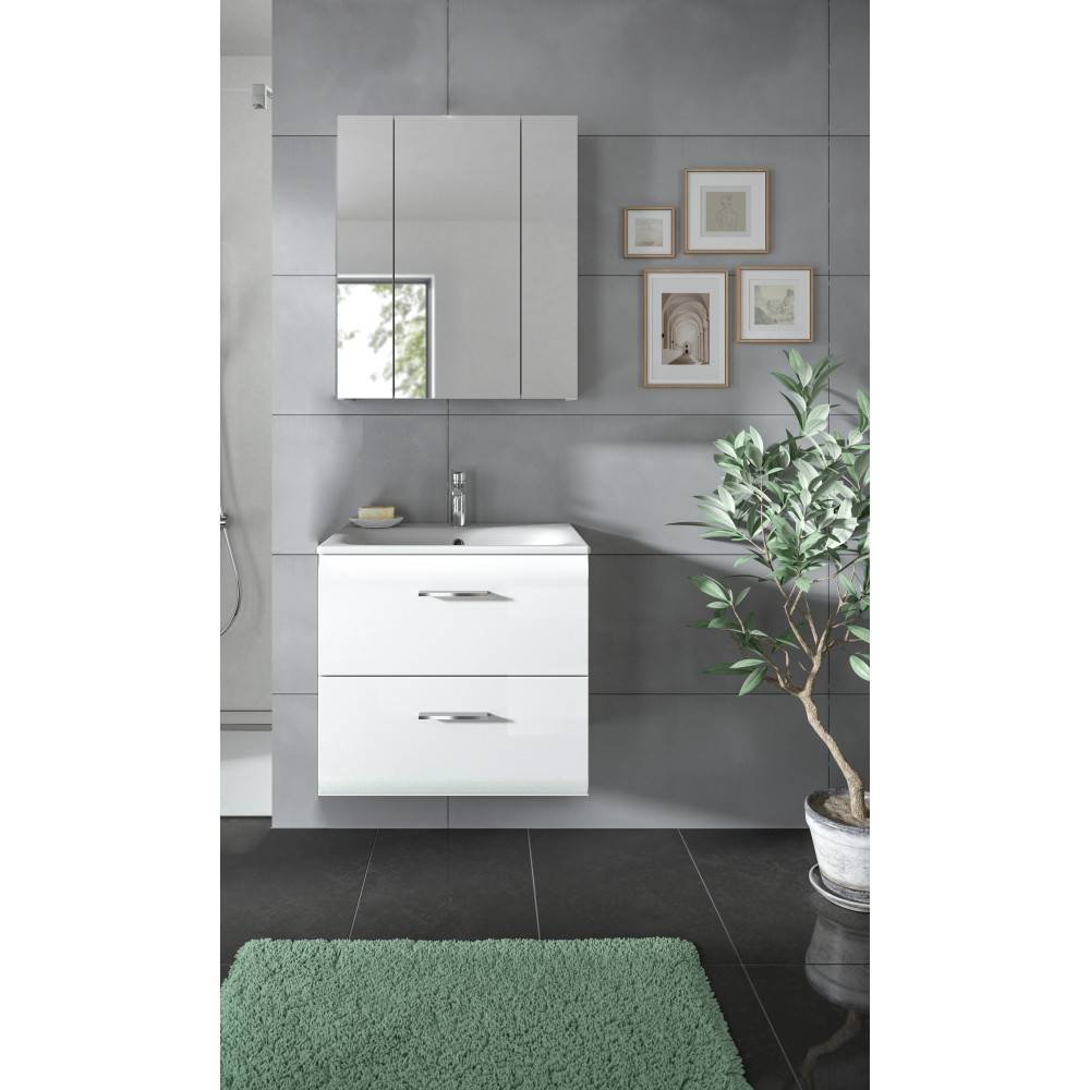 Elegantes Waschplatz Set mit Hochglanz-Fronten, Keramikwaschbecken und Spiegelschrank im Bad – Clona