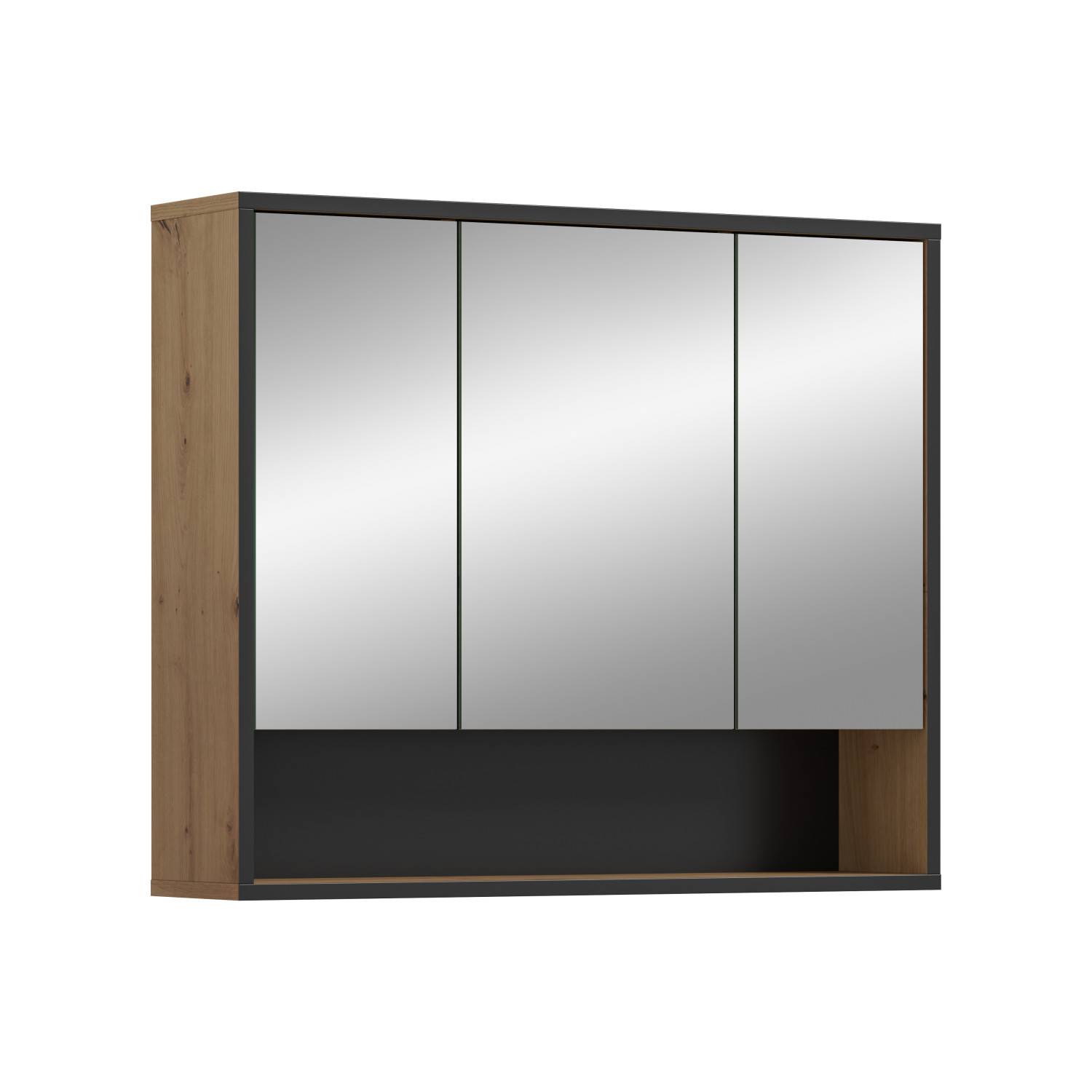 Eleganter Spiegelschrank in Holzoptik mit drei Türen und Ablagefach zur Wandmontage – Brutannia