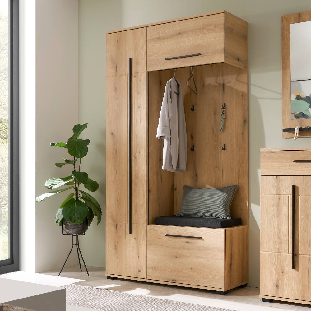 Komplettes dreiteiliges Garderoben Set in Eiche Optik mit Garderobenschrank, Schuhbank und Wandspiegel – Moviess