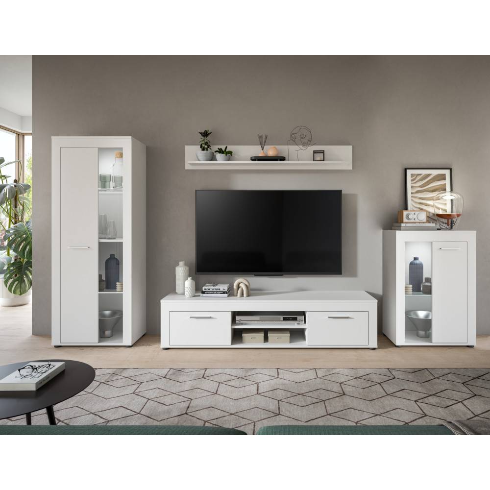 Geradlinige weiße Wohnwand mit Vitrinenschrank, TV-Lowboard und Wandregal im Wohnzimmer – Furoro