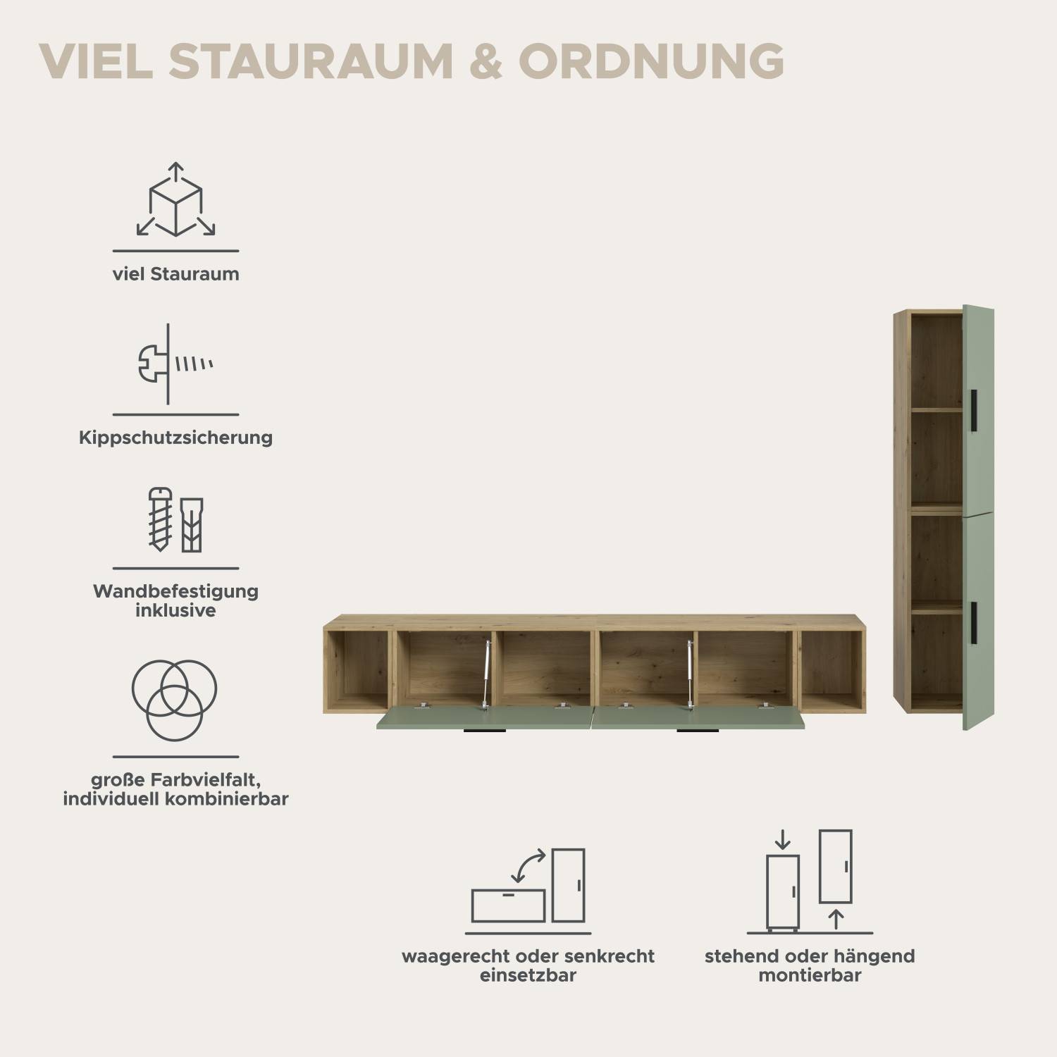Viel Stauraum, Kippschutz und flexible Montageoptionen für das Wohnzimmer Regal – Jonni