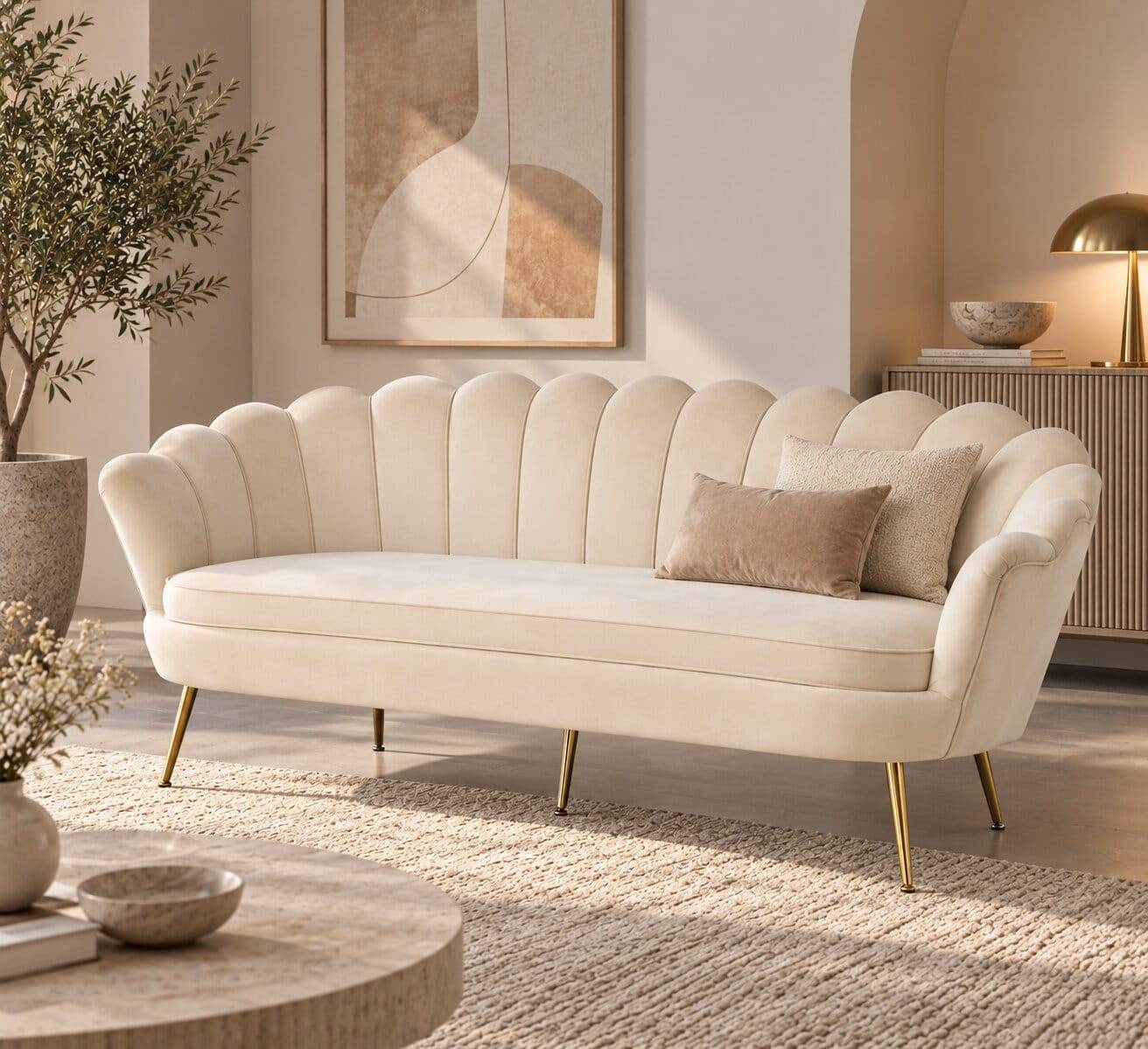Retrosofa Dreisitzer in Beige & Gold - Calls