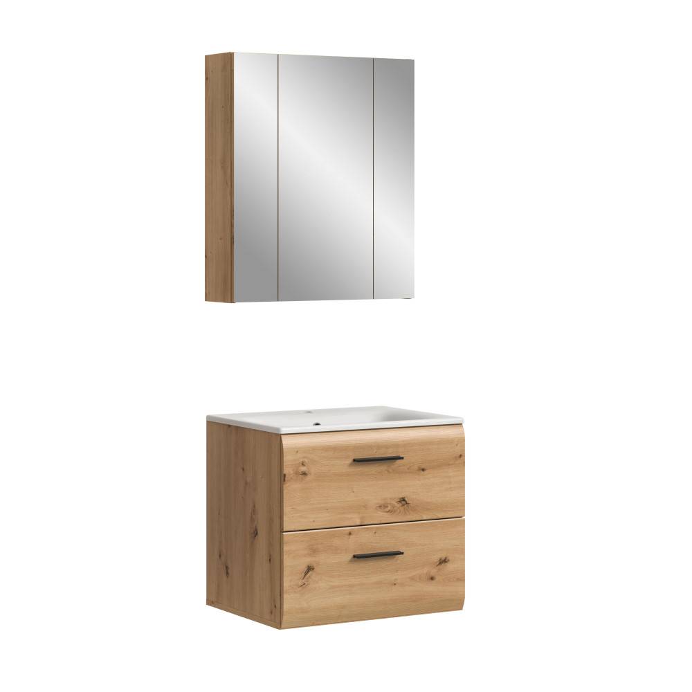 Zweiteiliges Waschplatz Set mit Waschtischunterschrank und Spiegelschrank in modernem Eichendekor – Canopus