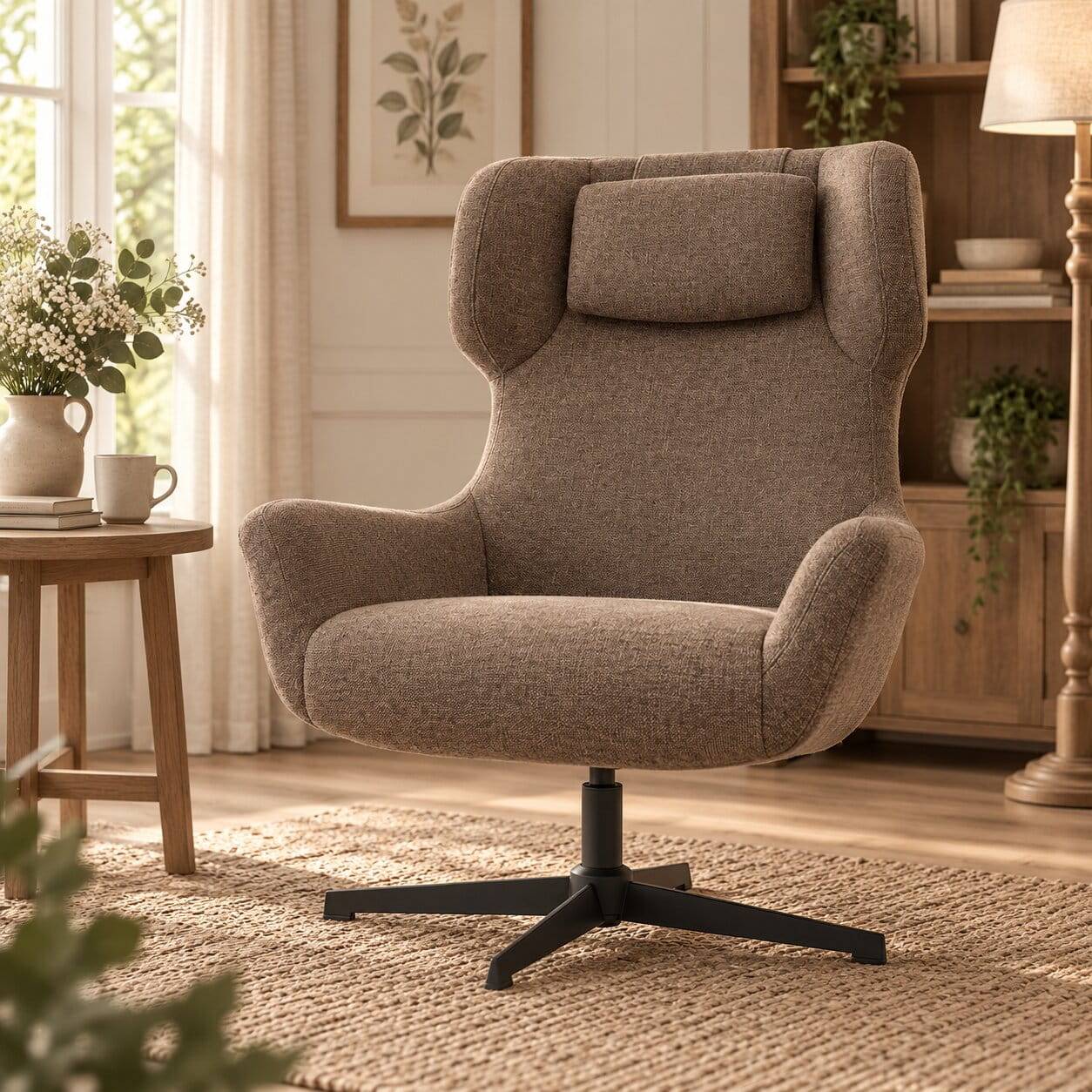 Design Ohrensessel mit Drehgestell in Hellbraun Chenille mit Schwarz