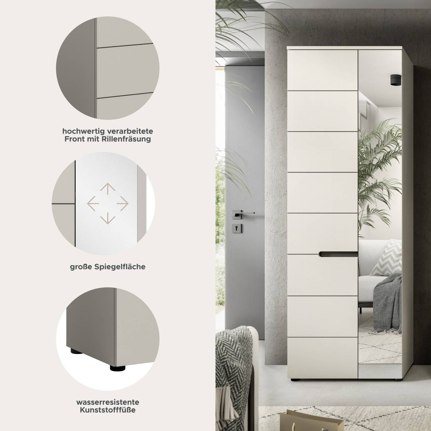 Hochschrank mit hochwertiger Rillenfräsung, großer Spiegelfläche und Kunststofffüßen – Elvadia