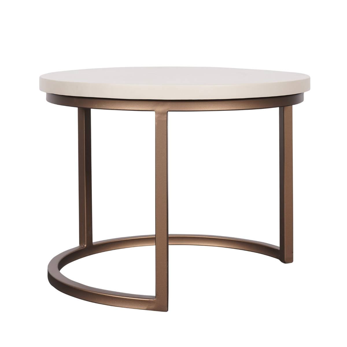 Eleganter Couchtisch mit heller runder Oberfläche und stabilem Metallfuß – Amby