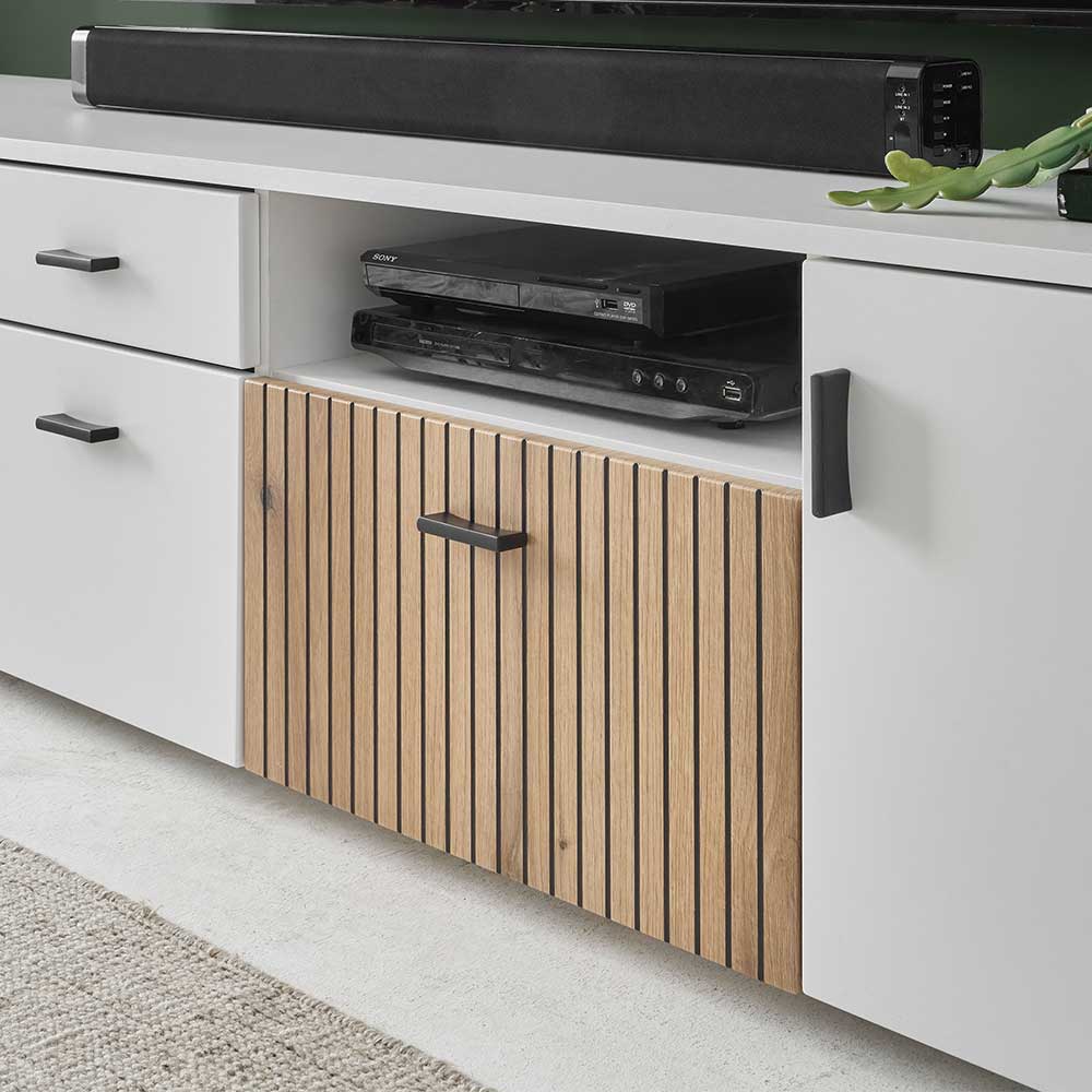 Modernes TV-Wohnwand-Möbelset in Weiß und Holzoptik, perfekt für Mediengeräte im Wohnzimmer – Nenaloro