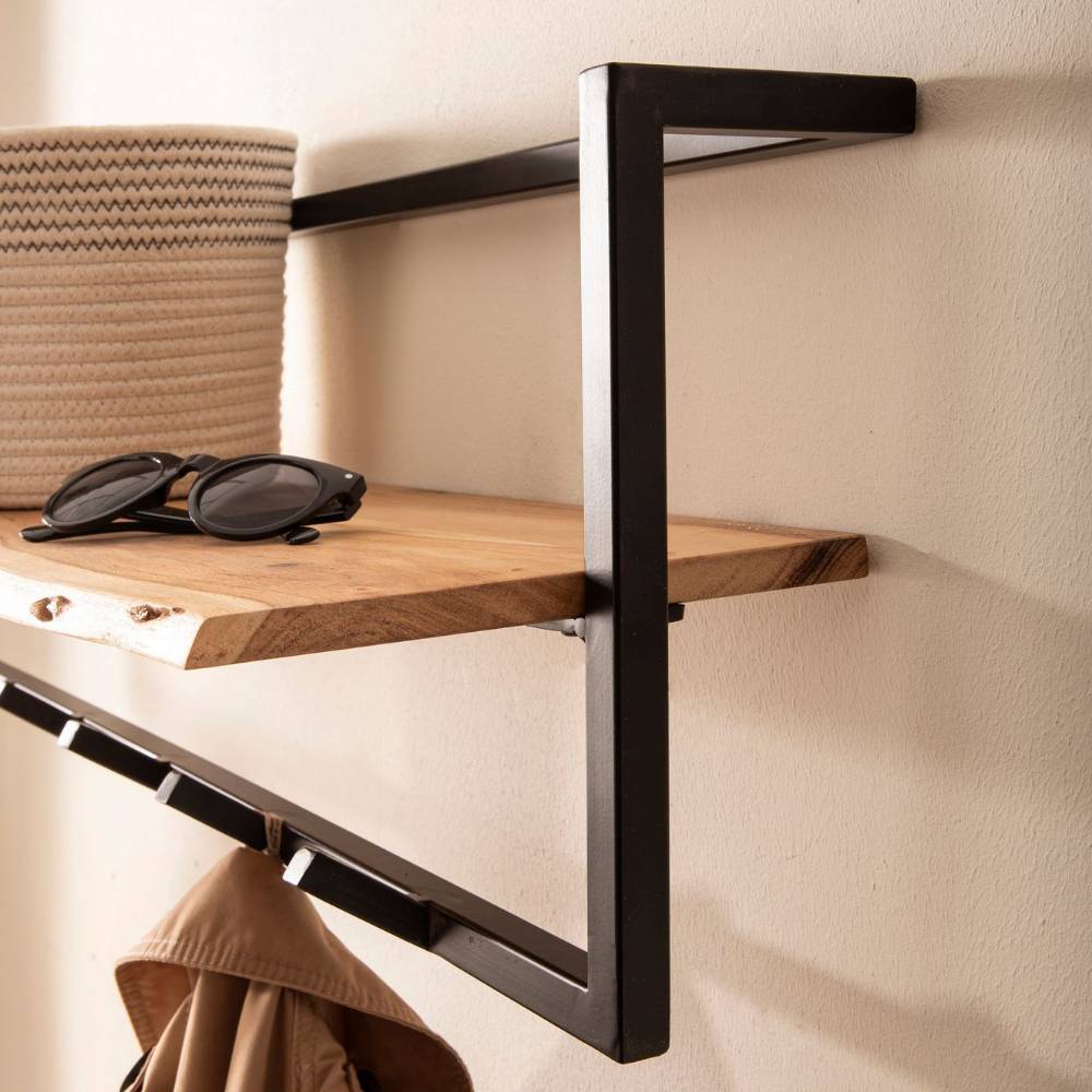 Hängegarderobe mit massiver Holzablage und schwarzen Metallhaken im Industrial Design – Zirco