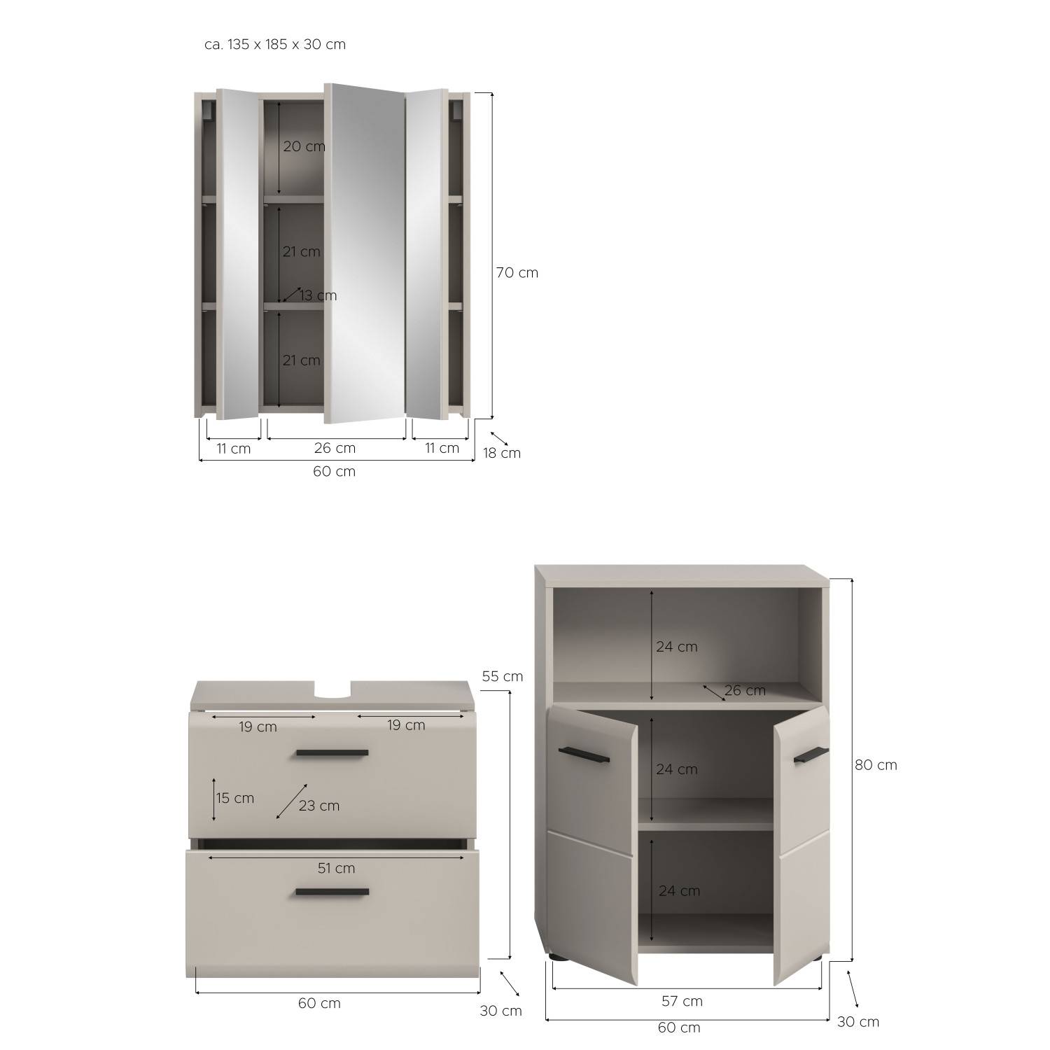 Waschplatz Set Maße und Abmessungen für Spiegelschrank, Waschtischunterschrank und Beistellschrank – Donostia