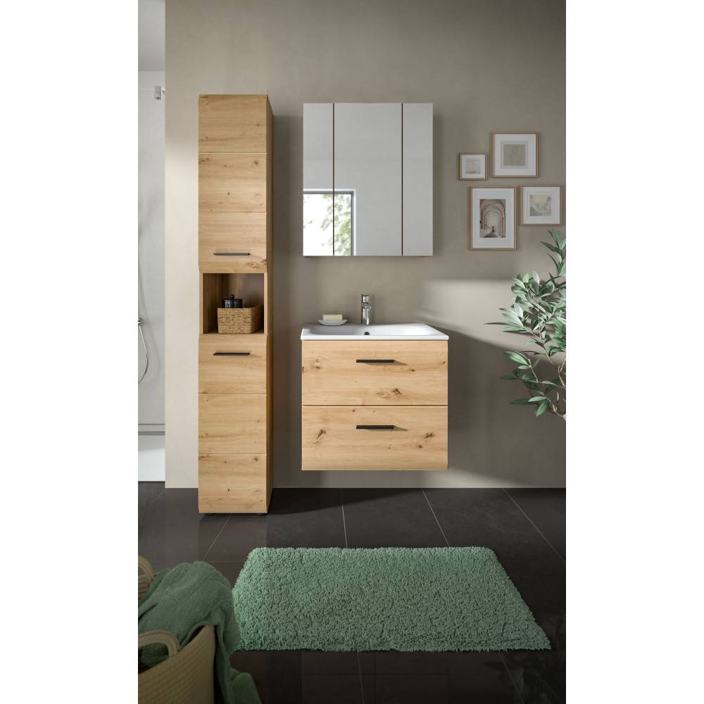 Modernes vierteiliges Badmöbel Set in heller Holzoptik mit Waschtischunterschrank und Spiegelschrank – Canopus