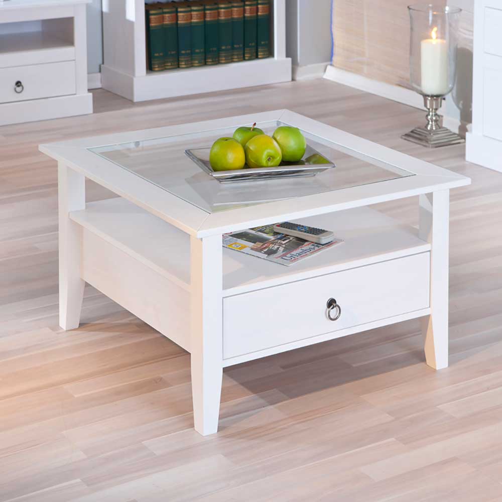 Quadrat 75x75 Landhaus Sofatisch mit Glas - Rosanna