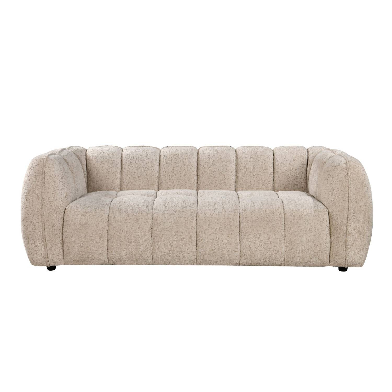 Beiges Designsofa mit vertikaler Kanalsteppung und geschwungenen Armlehnen als Dreisitzer – Pedro