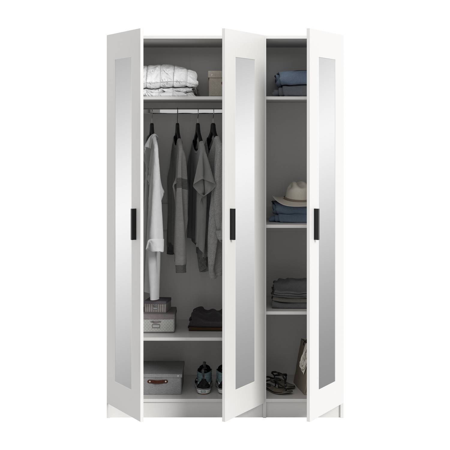 Weißer Drehtürenschrank mit Spiegeltüren, geöffnet und gefüllt mit Kleidung und Accessoires – Bilbo