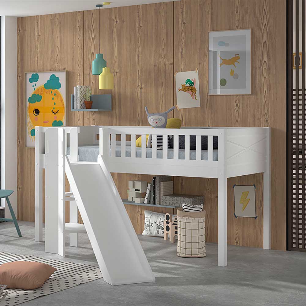 Weißes Kinder-Hochbett mit schräger Rutsche - Ranuves