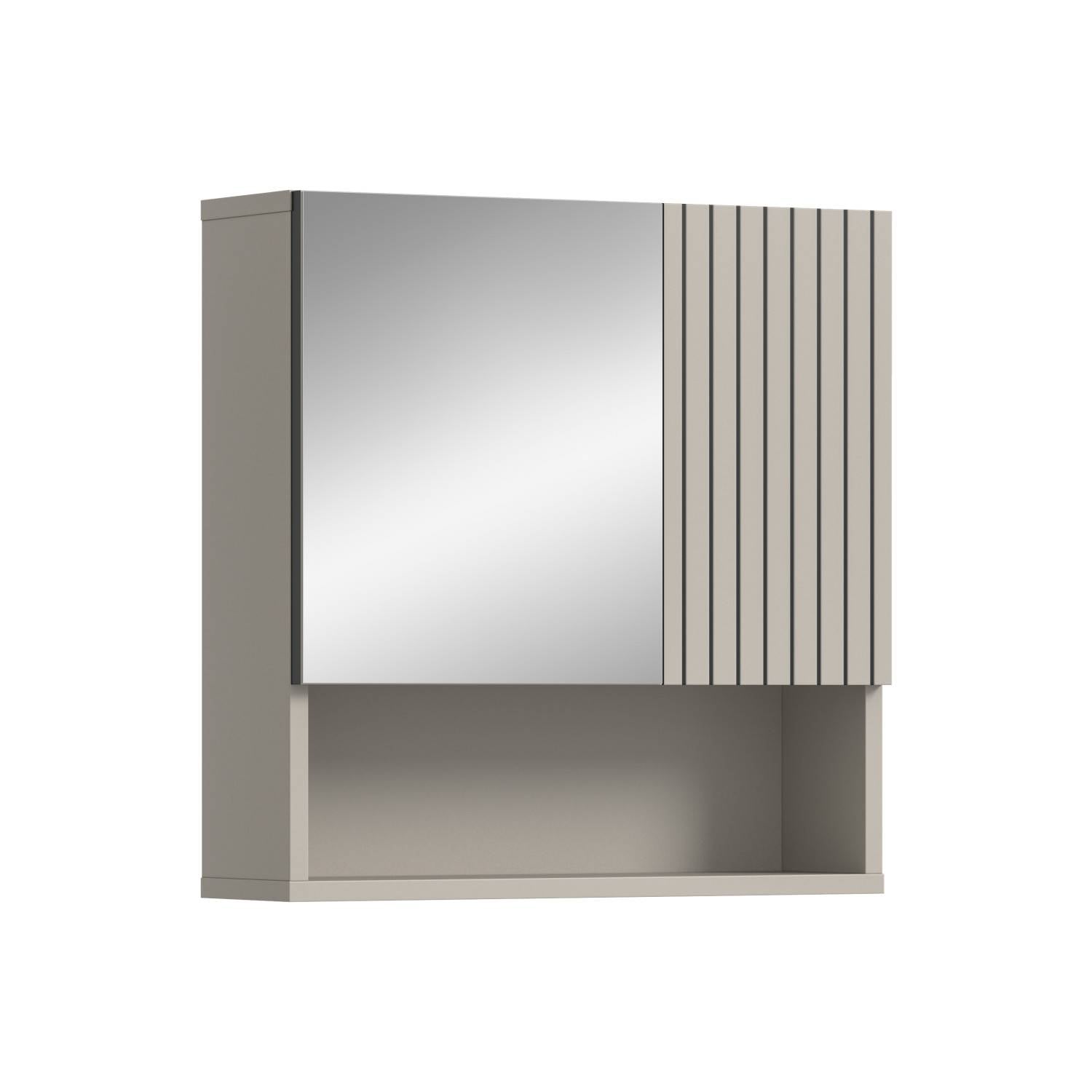 Schmaler Badschrank mit Spiegeltür und offener Ablage, beige mit vertikalen Rillen – Loktos