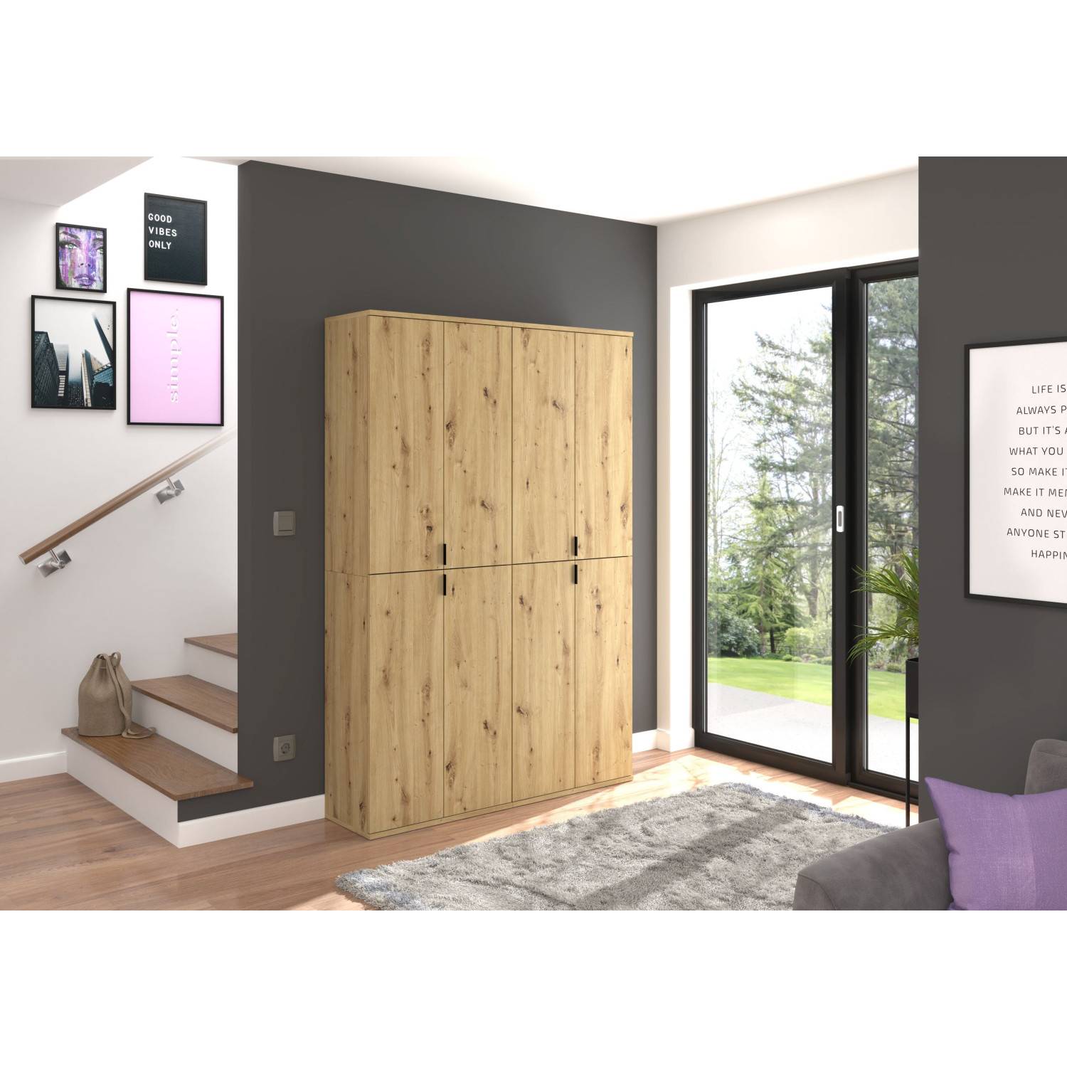 Zweiteiliges Dielenset in Artisan Eiche in modernem Flur mit viel Stauraum – Pretty