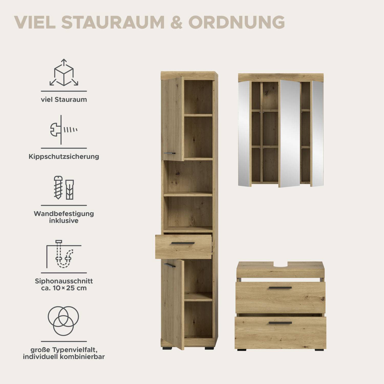 Funktionen und Maße des dreiteiligen Badezimmermöbel-Sets mit Stauraum und Siphonausschnitt – Lasewood