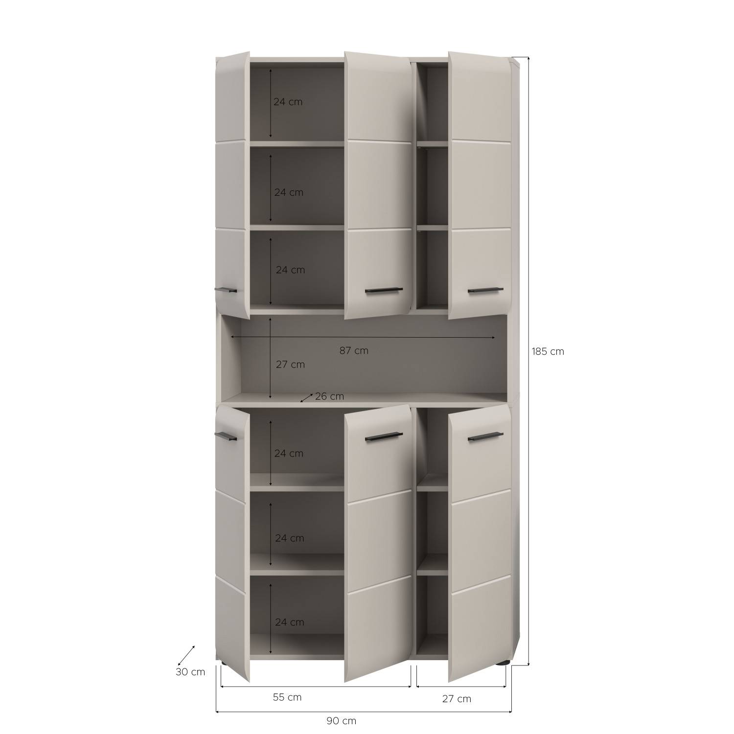 Schmaler Badezimmerhochschrank in Hellbeige mit Maßen und Abmessungen für die Planung – Donostia