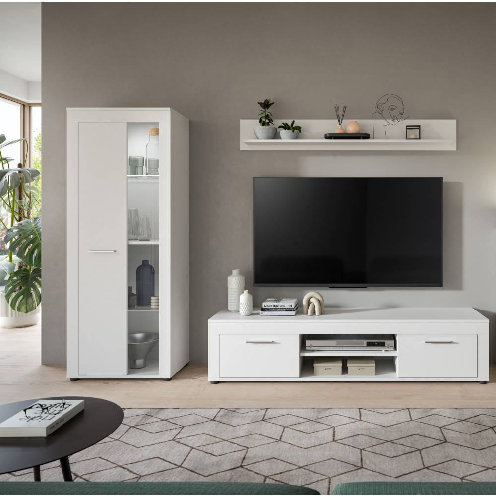 Elegante weiße Medienwand mit Lowboard, Hängeregal und hohem Schrank für das Wohnzimmer – Furoro
